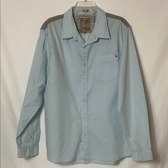 Guess Light Blue Shirt Gray Shoulder Detail Men’s Size XL Long Sleeve Button - Picture 1 of 5